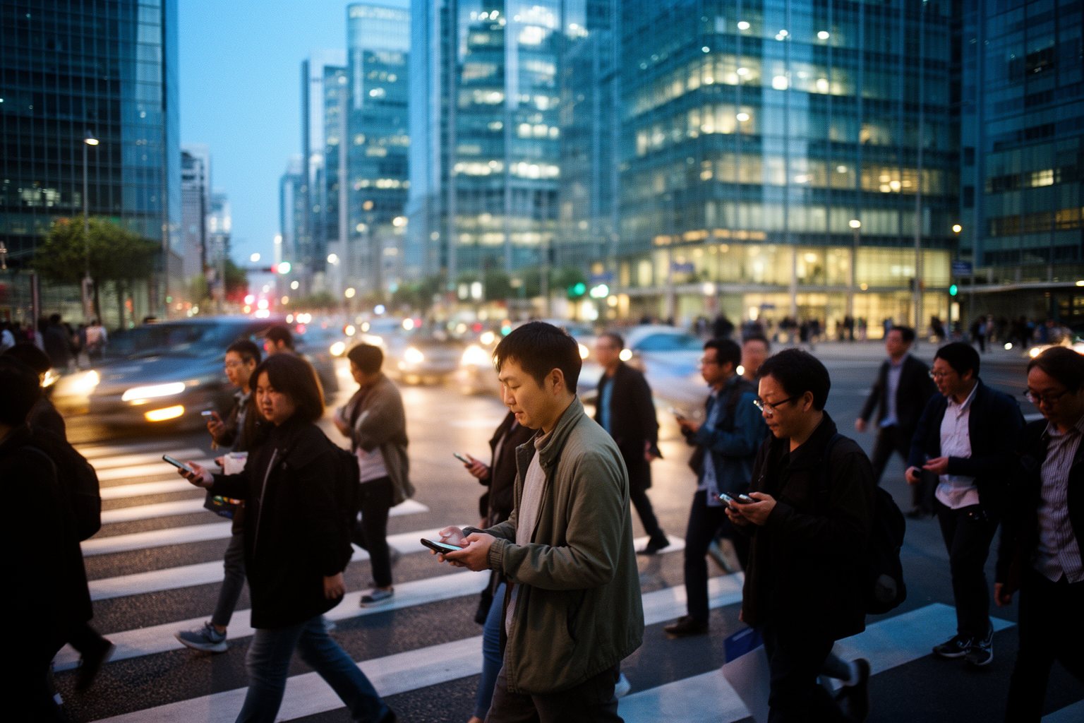 Navigating the AI Apocalypse: Preparing for the Future Through Adaptability and Lifelong Learning Commuters crossing a busy city street at dusk, many looking at their phones
