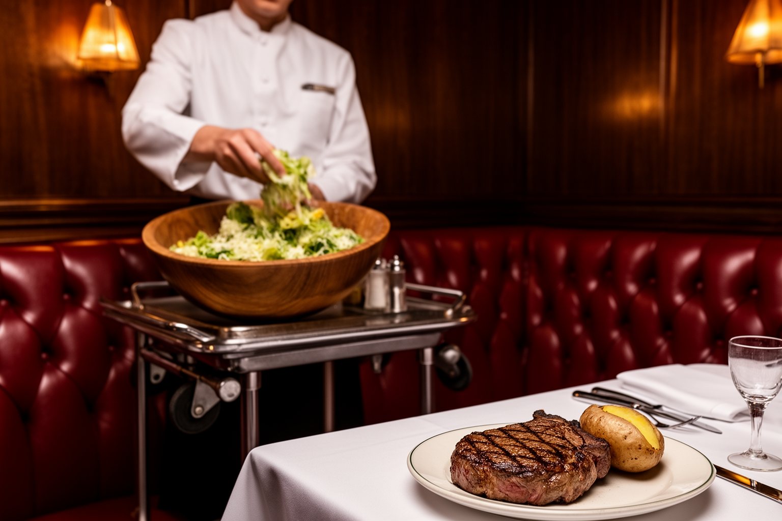 Las Vegas Foodie Spots: 8 Off-Strip Eateries Worth the Trip Server tossing a Caesar salad tableside beside red leather booths in a vintage Las Vegas steakhouse