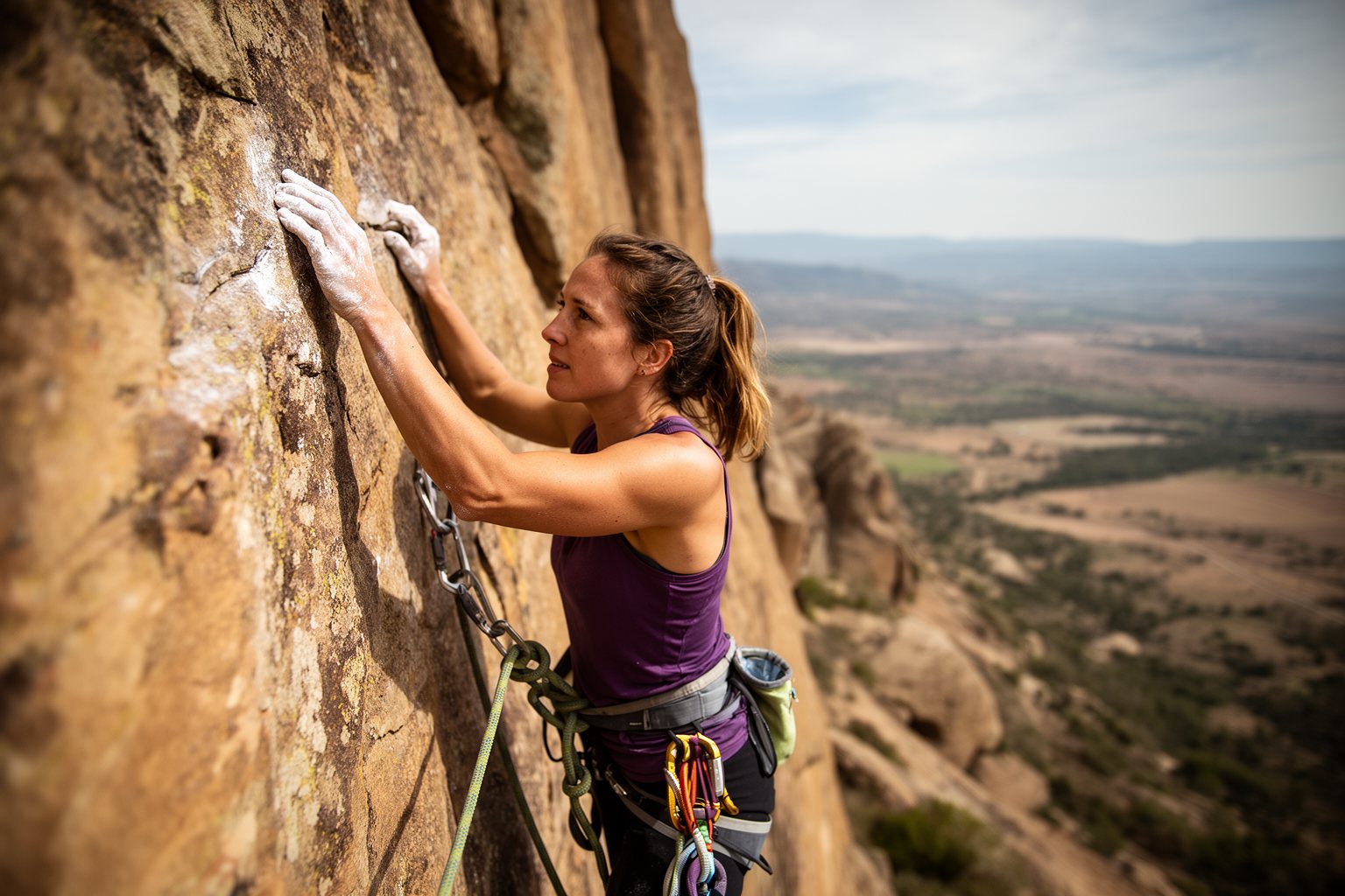 Climber reaching for the next hold on a sunlit rock face, a symbol of resilience