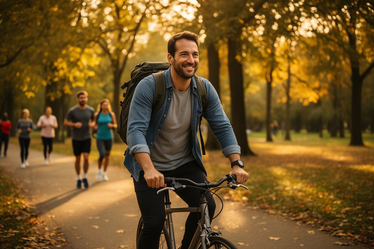 Man cycling through a park at golden hour after leaving work on time