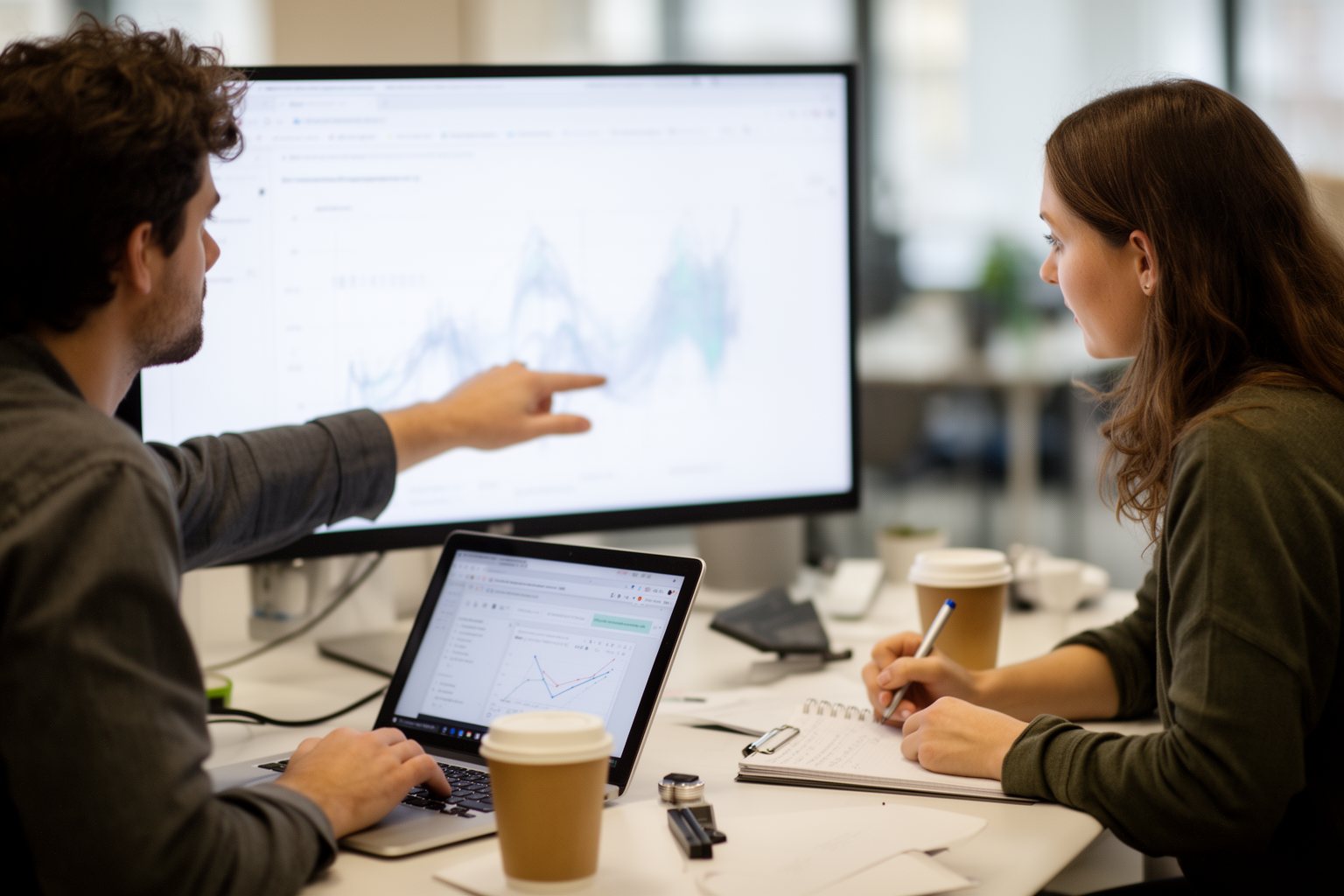 Two colleagues at a startup reviewing a machine learning project on a large monitor