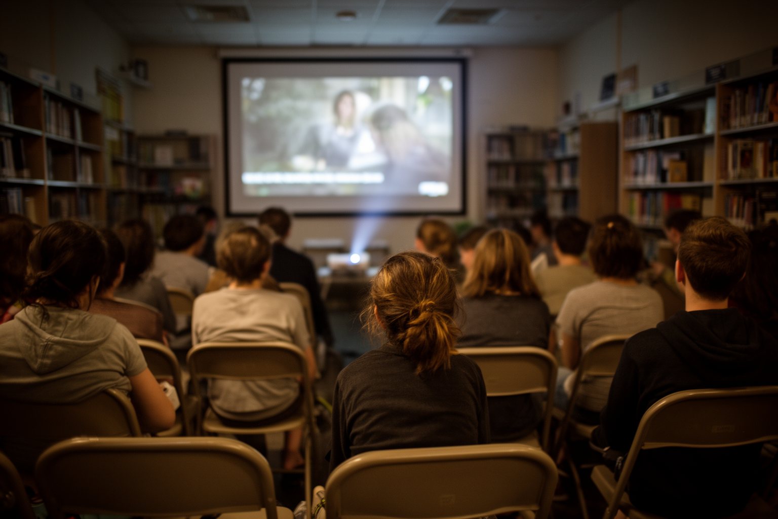 Educational Movie Night: The Art of Learning Through Fun Community library hosting an educational movie night with rows of chairs and a projector