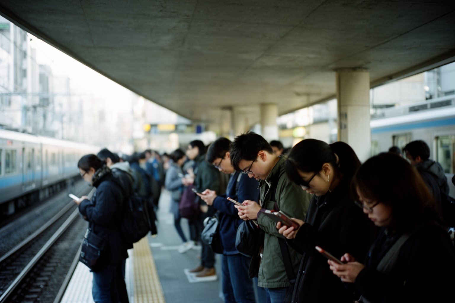 Commuters checking phones on a busy city train platform as a train pulls in