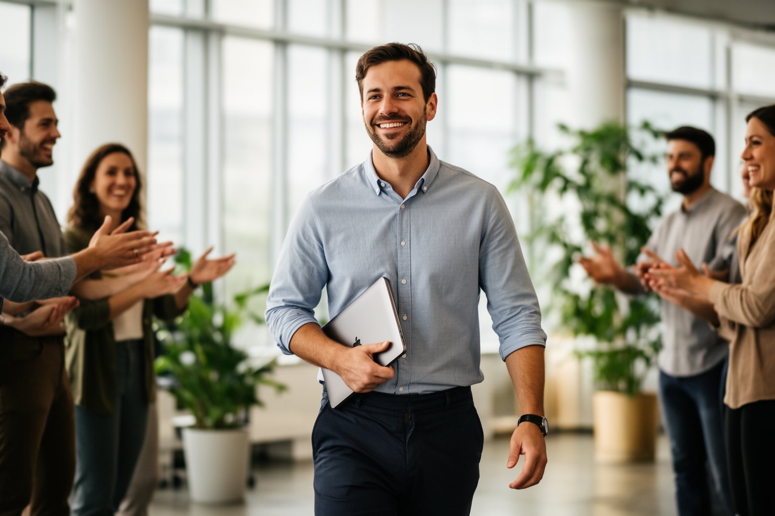 Confident professional walking into a bright new workplace to start a more fulfilling career