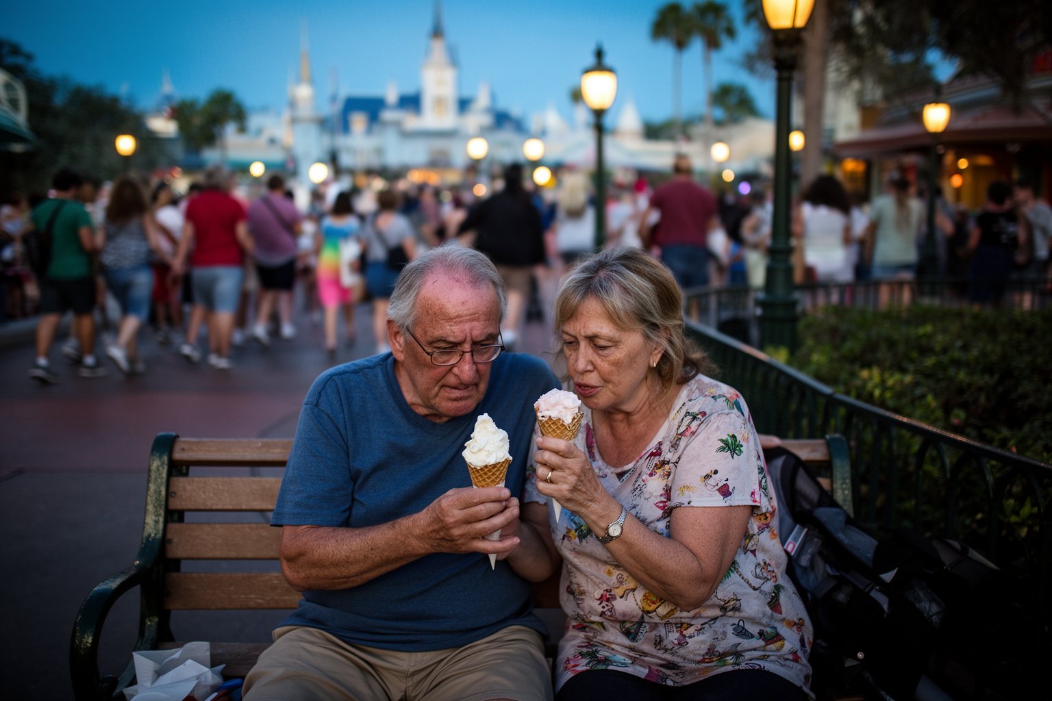 Is the Magic Kingdom Losing Its Sparkle? Couple resting on a bench with ice cream as a theme park empties at closing time