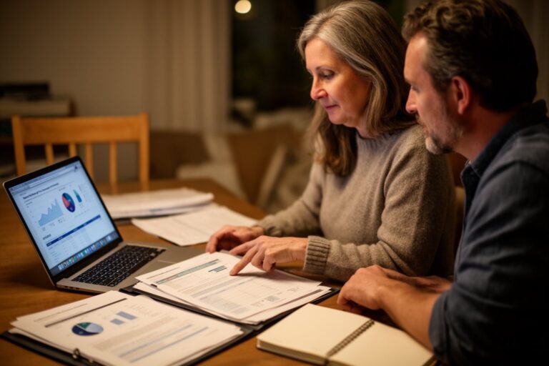 Couple reviewing a long-term plan at their dining table, building wealth step by step