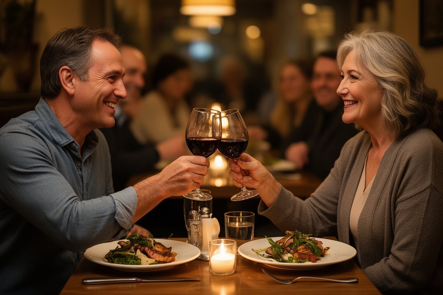 Unemployment in Your 50s: From Jobless to Joyful Couple in their fifties raising a toast at a restaurant to celebrate a new job