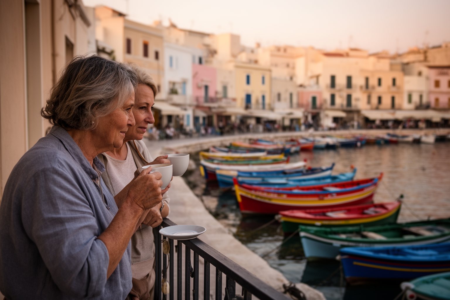 The Silent Money Maker: Passive Income Secrets for a Secure Future Couple sharing morning coffee on a balcony above a harbour, enjoying a secure financial future