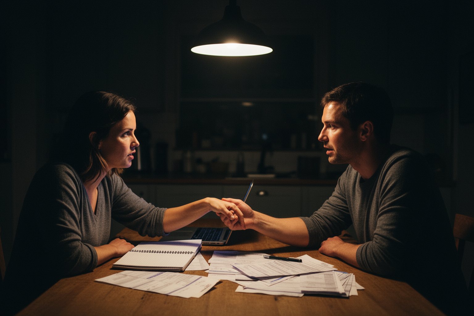Couple talking through a career change late at night at the kitchen table