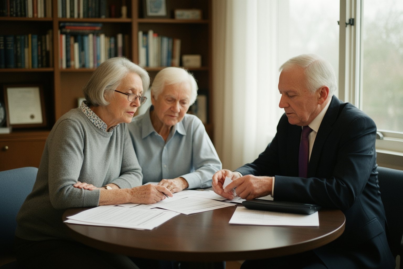 The Art of Building Wealth Couple reviewing estate and insurance documents with a financial adviser in an office
