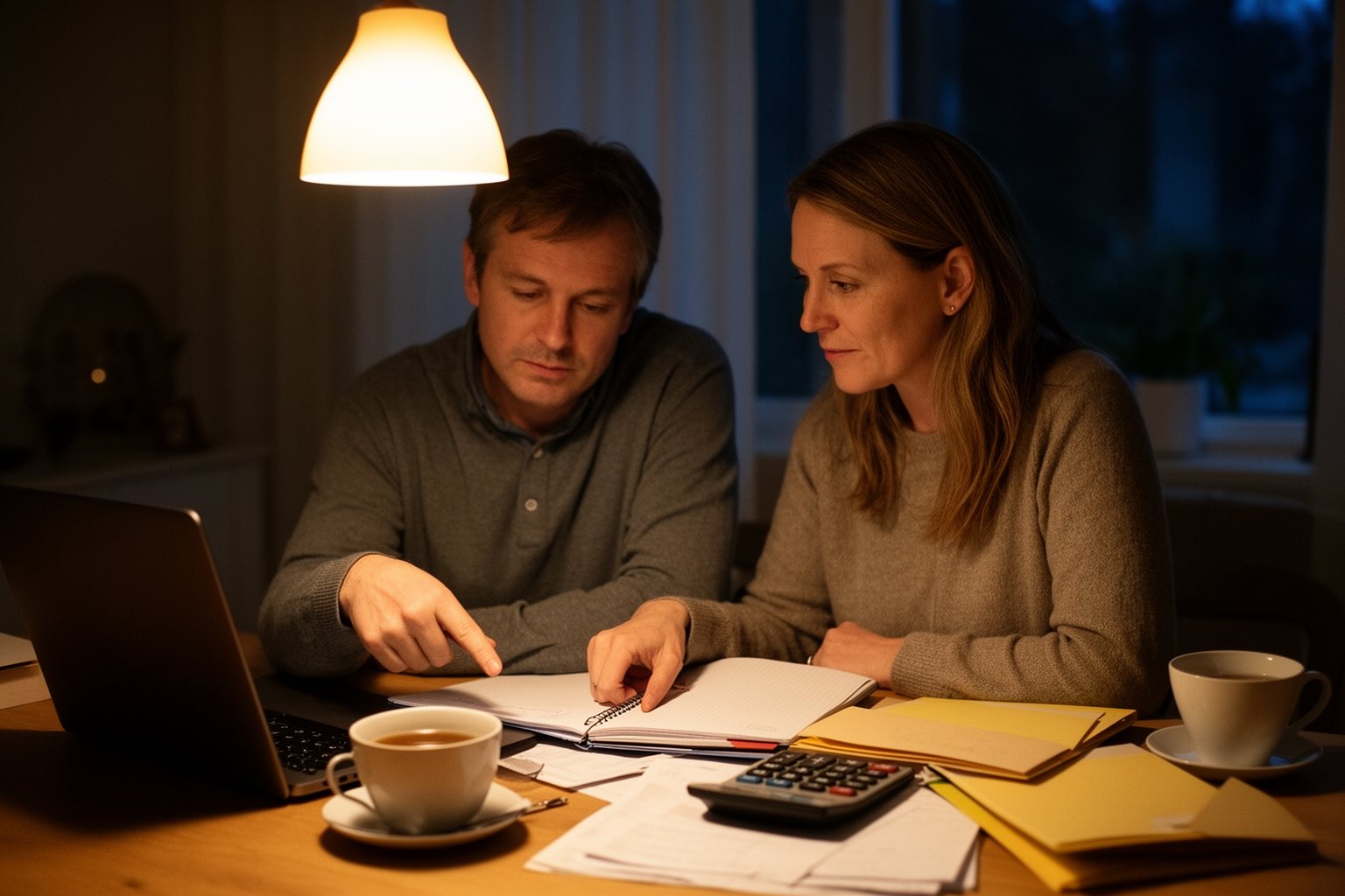 The Silent Money Maker: Passive Income Secrets for a Secure Future Couple reviewing their passive income together at a dining table with a laptop and folders