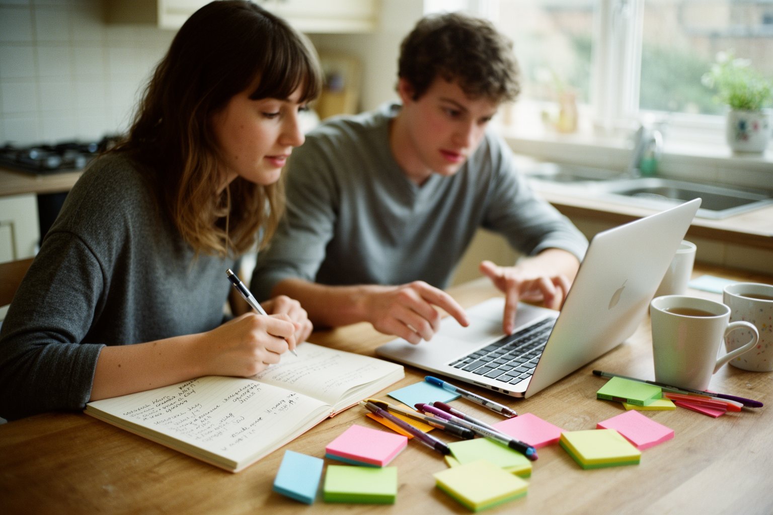 Online Wealth Creation: E-commerce, Blogging and Crypto Couple writing their financial goals in a notebook at a kitchen table