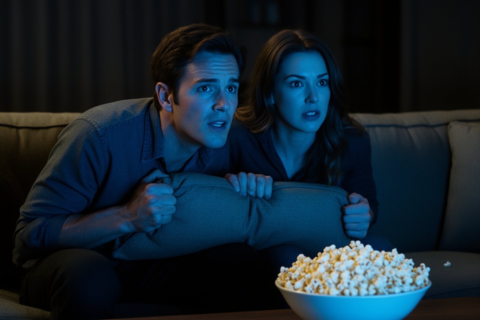 10 Best Movies You've Probably Never Seen Couple gripping a cushion while watching a tense thriller in a dark living room