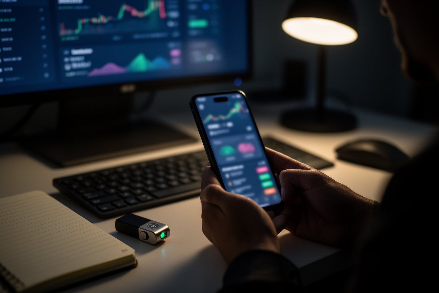 Person checking a cryptocurrency app on a phone beside a small hardware wallet on a desk
