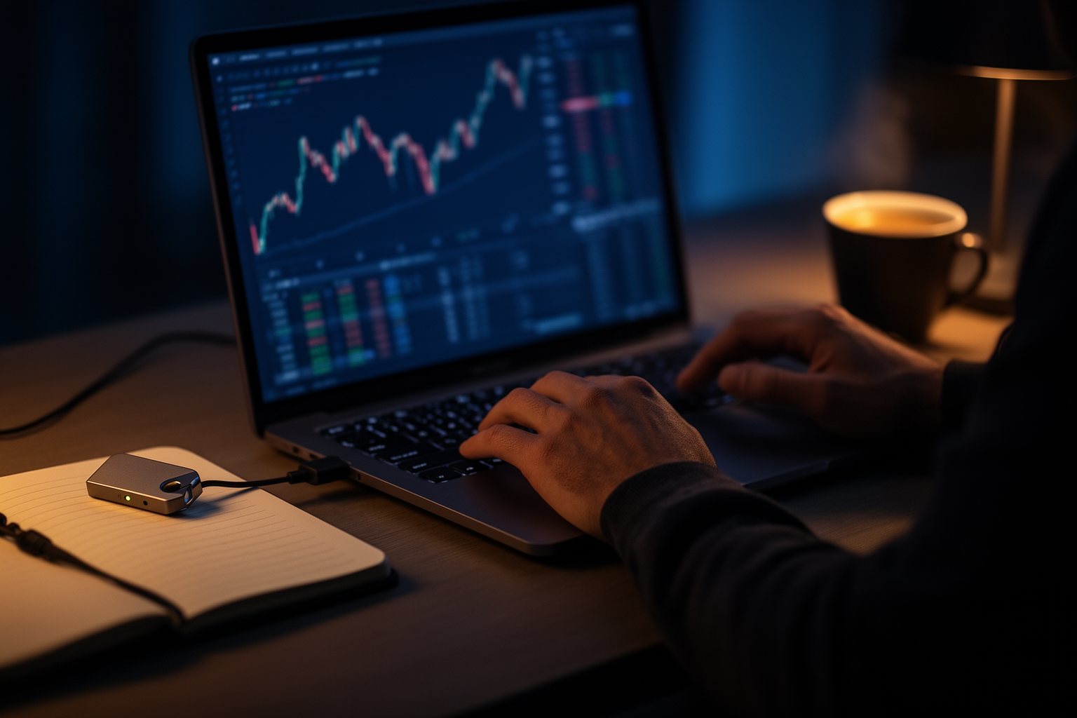 Hardware wallet beside a laptop at a desk at night, a person trading cryptocurrency