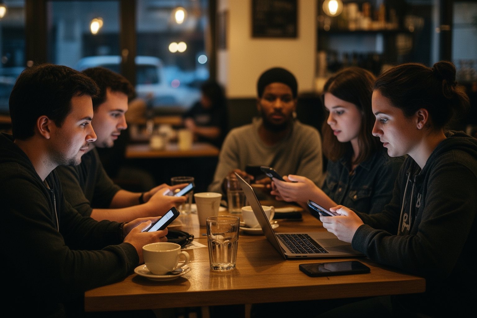 Online Wealth Creation: E-commerce, Blogging and Crypto People at a small cryptocurrency meetup in a café comparing notes on their phones