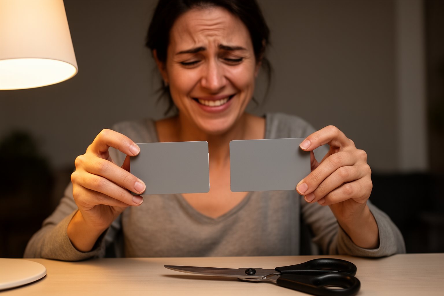 The Art of Building Wealth Woman holding a cut-up credit card at her desk after making a debt payoff plan