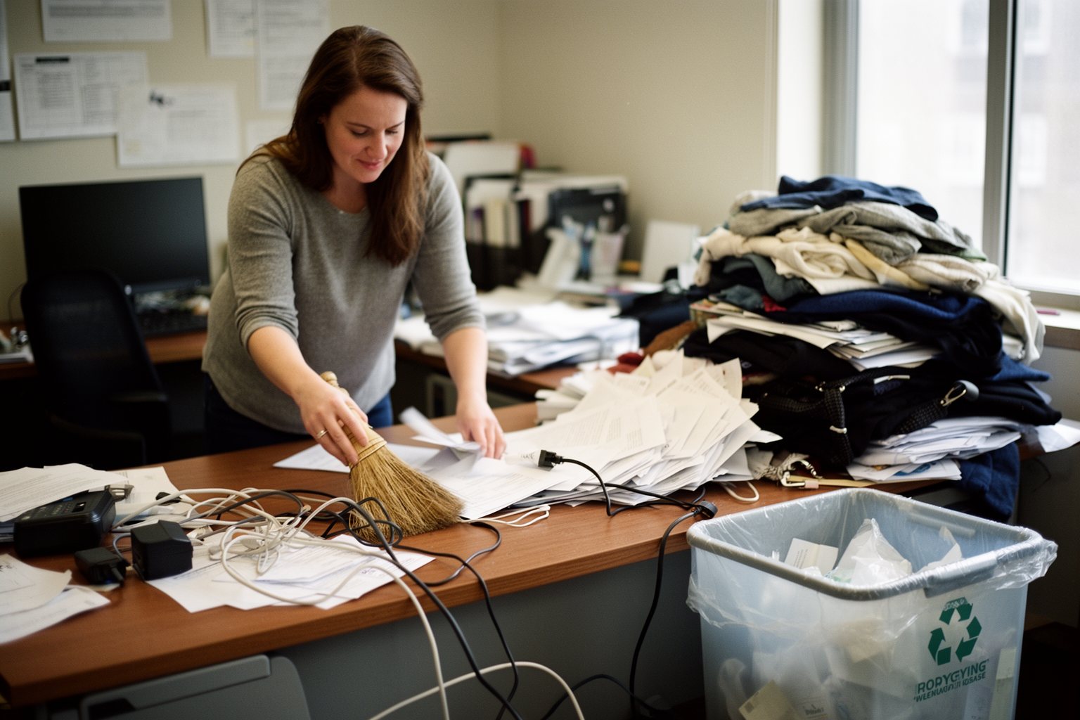 Woman clearing papers and gadgets from a messy desk into a recycling box