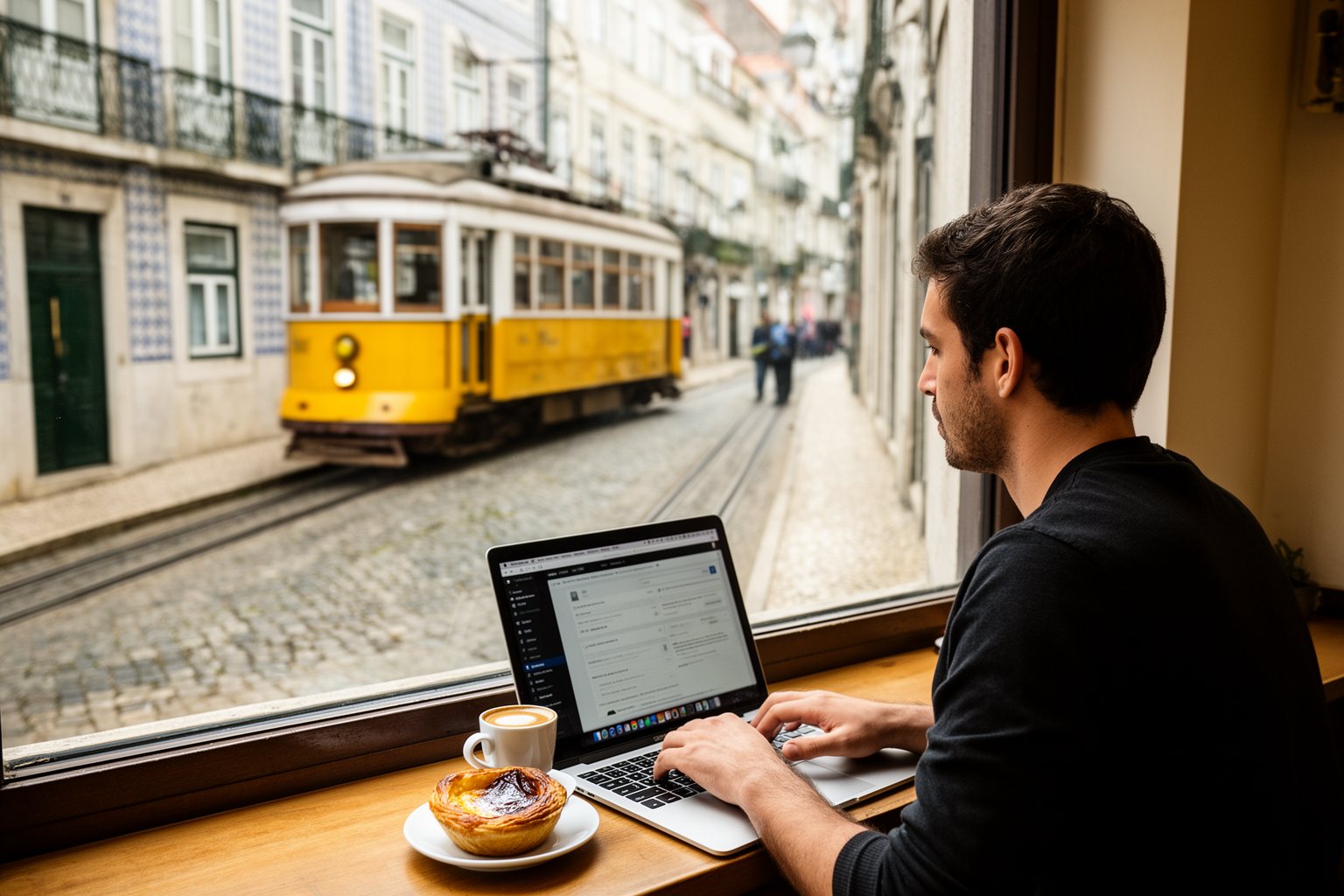 Online Wealth Creation: E-commerce, Blogging and Crypto Digital nomad working on a laptop in a Lisbon café as a yellow tram passes outside