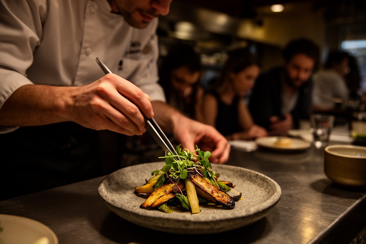 Vegan Eats in Austin: Food Trucks, Brunch and Bakeries Chef plating a refined vegan dish in the open kitchen of a downtown Austin restaurant