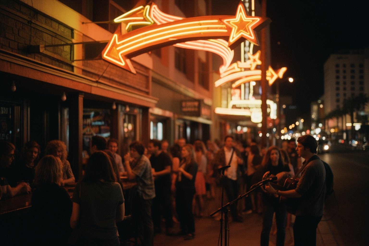 Vegas Nightlife Guide: Clubs, Shows, Casinos and Late Eats People outside small bars under vintage neon in downtown Las Vegas, away from the Strip