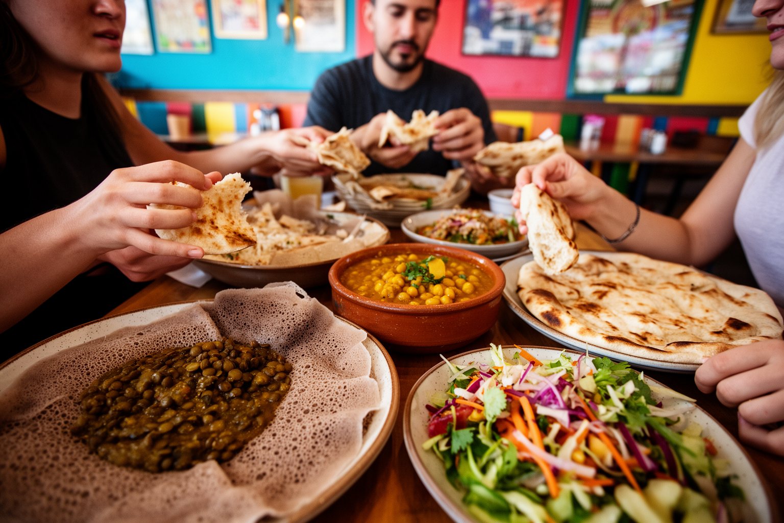 Vegan Eats in Austin: Food Trucks, Brunch and Bakeries Friends sharing Ethiopian and Indian-style vegan dishes at an East Austin restaurant