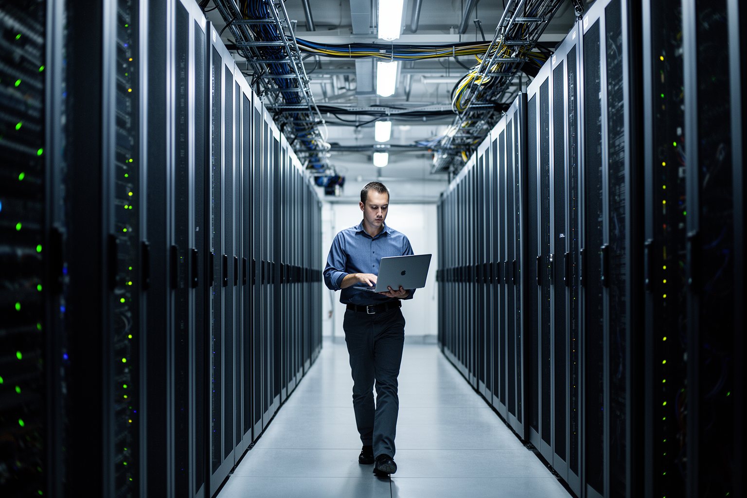 Deciphering AI and Augmented Intelligence: The Game Changers Engineer walking down a data center aisle between rows of server racks