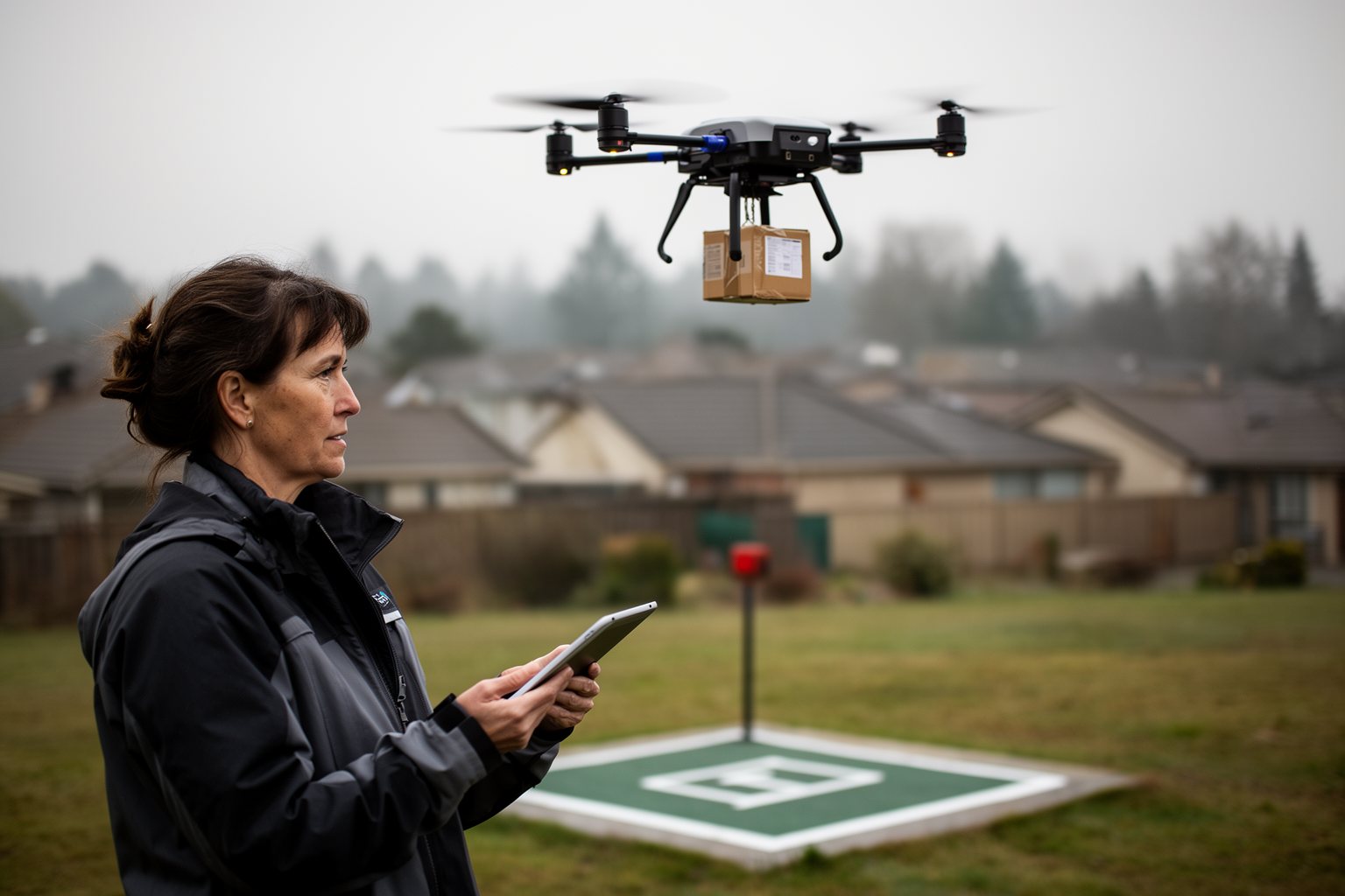 Navigating the AI Apocalypse: Preparing for the Future Through Adaptability and Lifelong Learning Engineer watching a delivery drone take off from a suburban test site