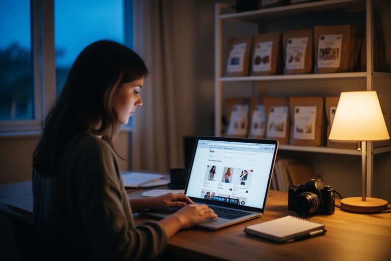 Young entrepreneur running an online store and blog from a home office stacked with products