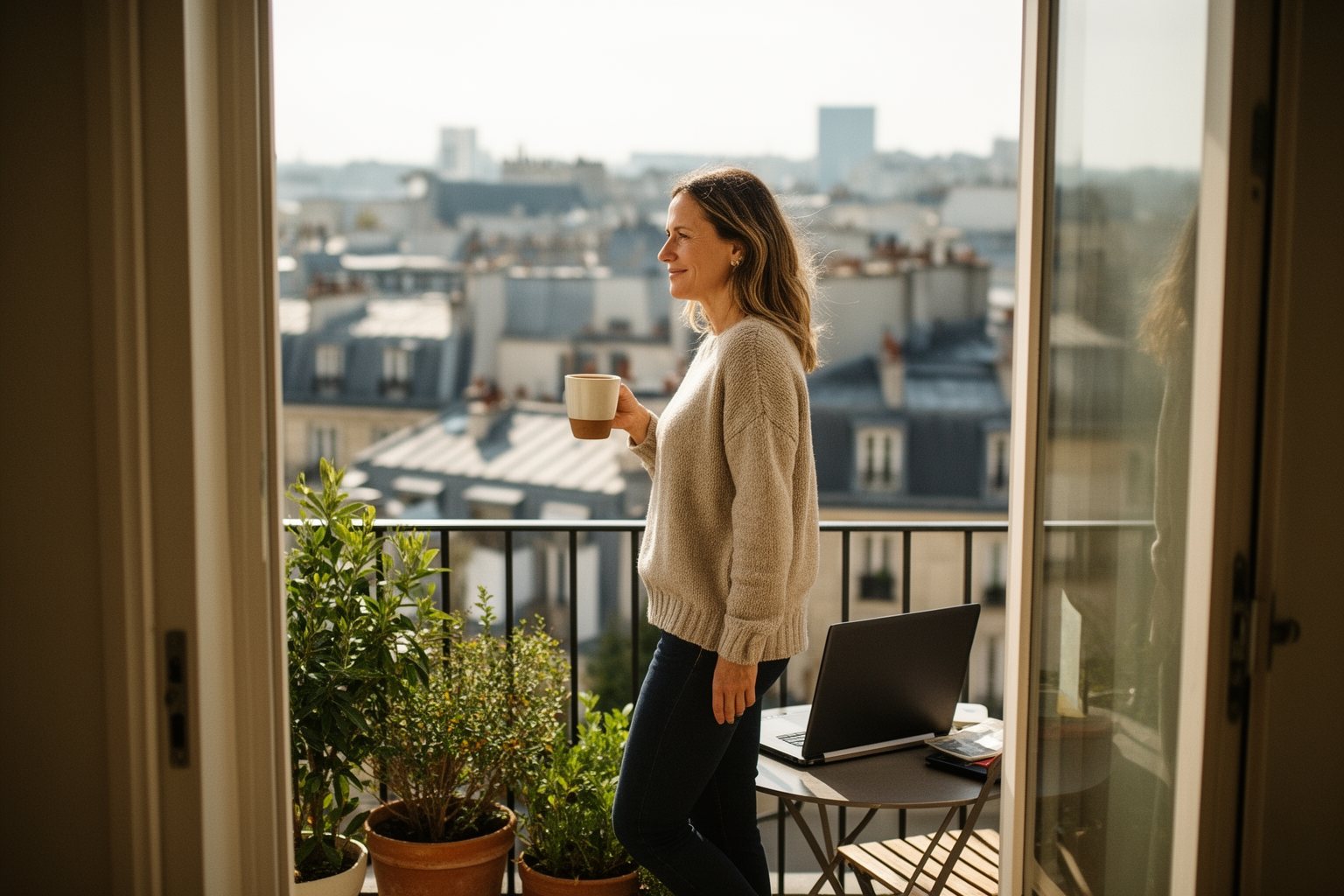 Online Wealth Creation: E-commerce, Blogging and Crypto Entrepreneur stepping out onto a sunny city balcony with a coffee after closing her laptop