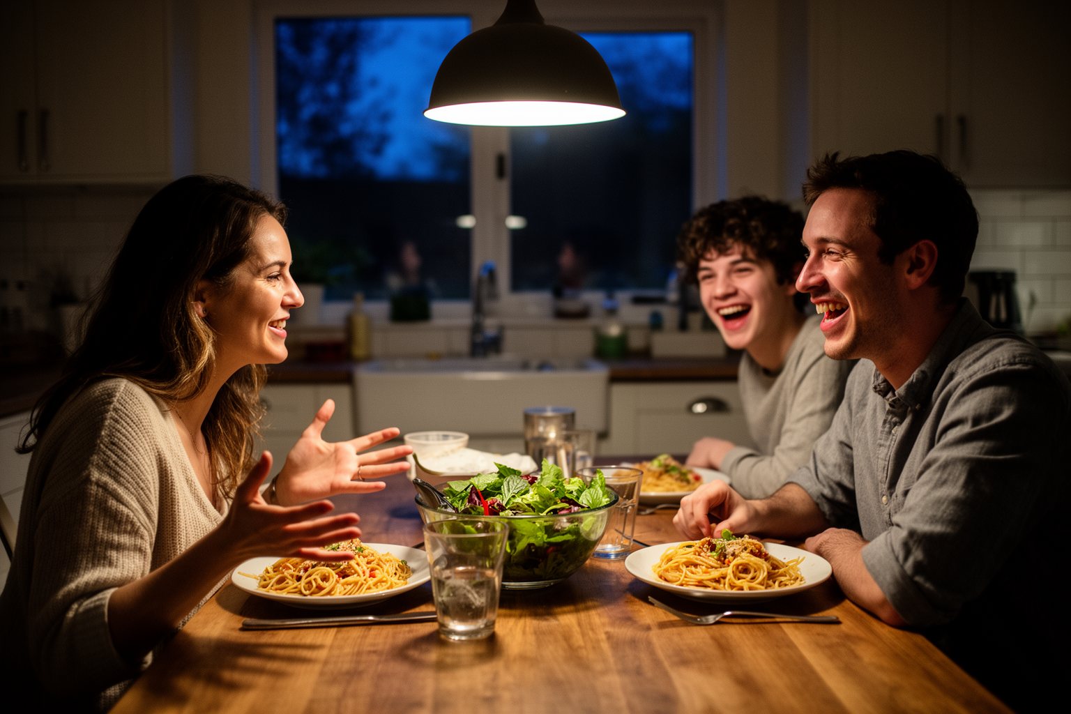 Movies About Family Values: 10 Films to Watch With Kids Family talking about a live-action film over dinner at the kitchen table