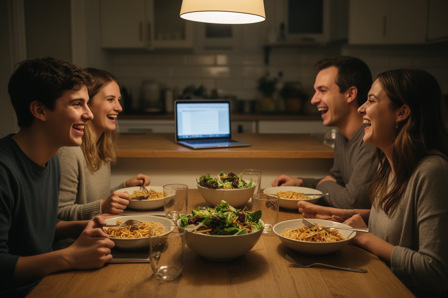 Family sharing dinner at home with a closed laptop set aside, a picture of work-life balance