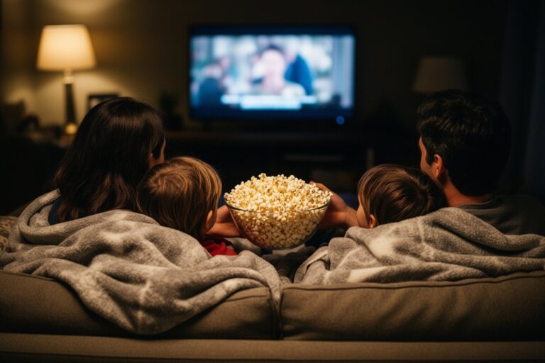Movies About Family Values: 10 Films to Watch With Kids Family cuddled under blankets on a sofa for a movie night, seen from behind