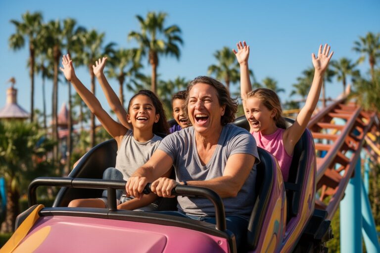 5 Best Family-Friendly Theme Parks Near Los Angeles Parents and kids laughing on a roller coaster at a family-friendly theme park near Los Angeles