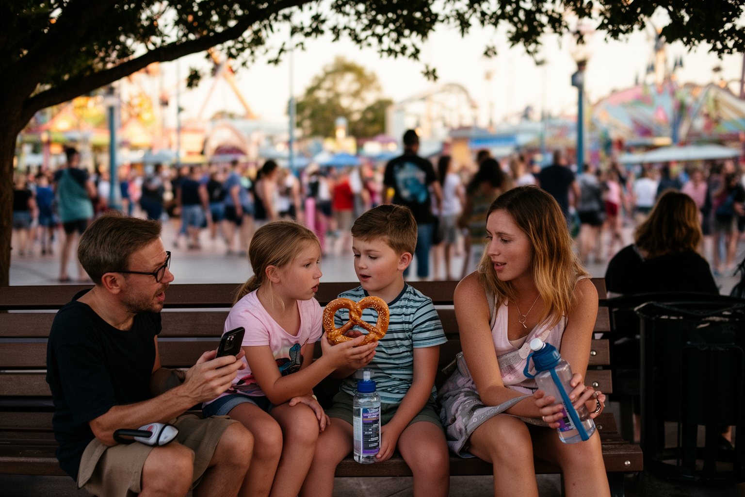 5 Best Family-Friendly Theme Parks Near Los Angeles Family sharing snacks and water on a shaded bench during a theme park day near Los Angeles