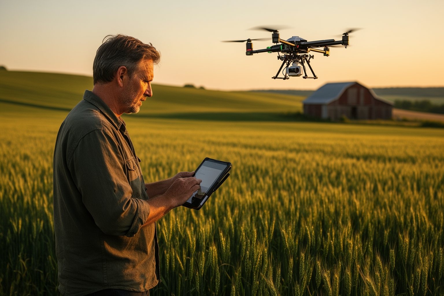 Deciphering AI and Augmented Intelligence: The Game Changers Farmer checking crop data on a tablet as a drone flies over his field