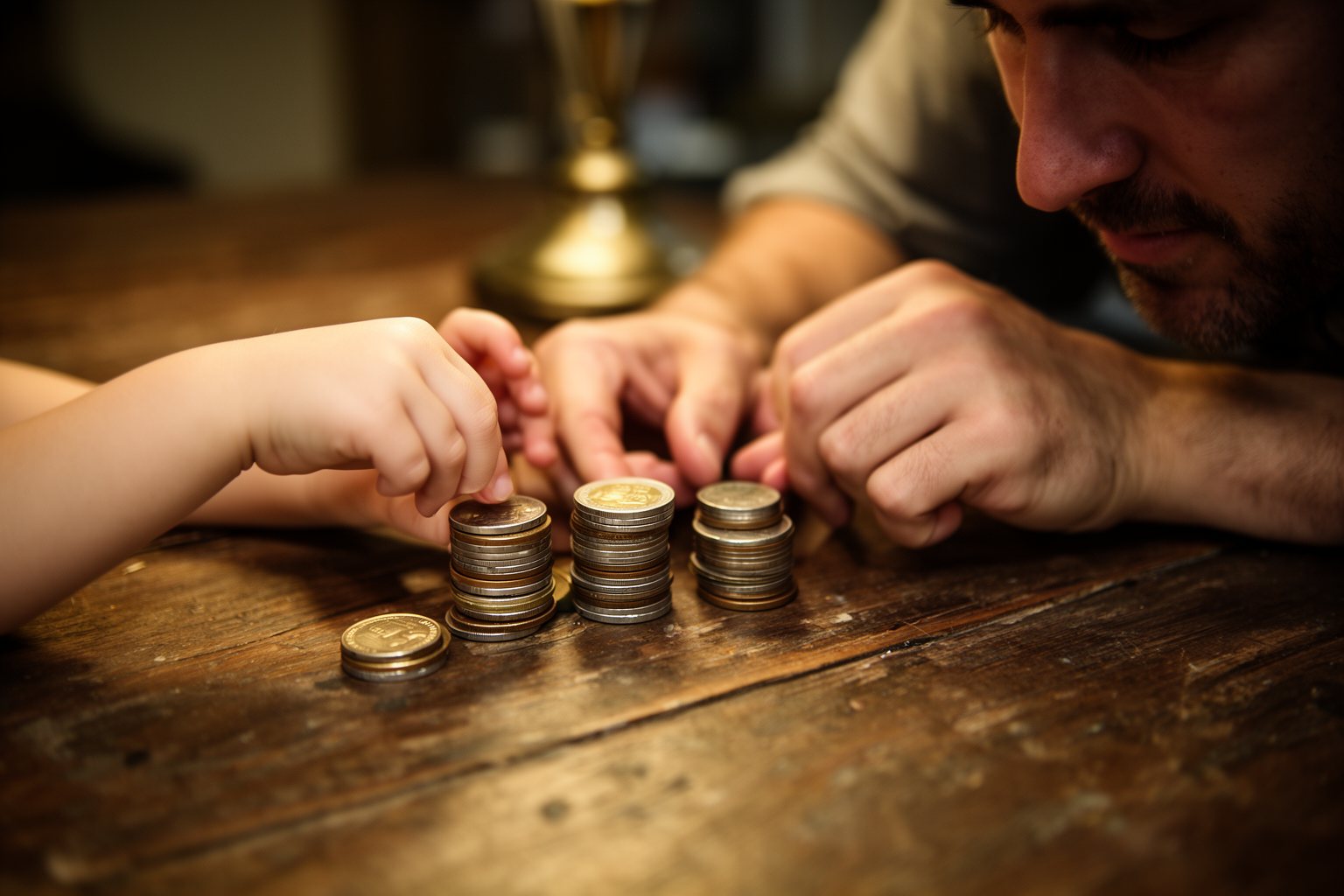 Financial Literacy for Kids: A Parent's Guide Father and child counting coins into stacks on a wooden table