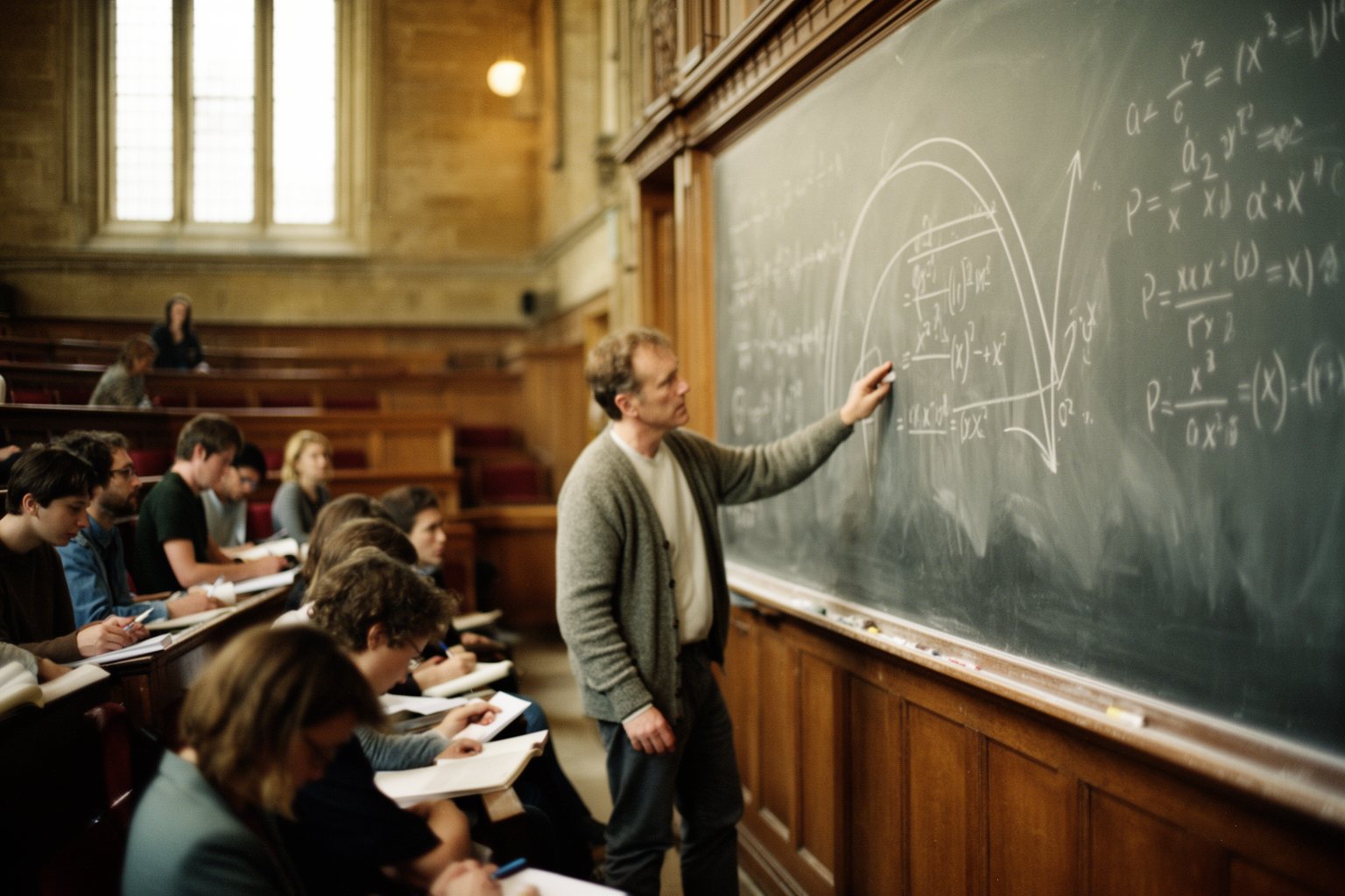 Professor explaining option pricing on a chalkboard in a university lecture hall