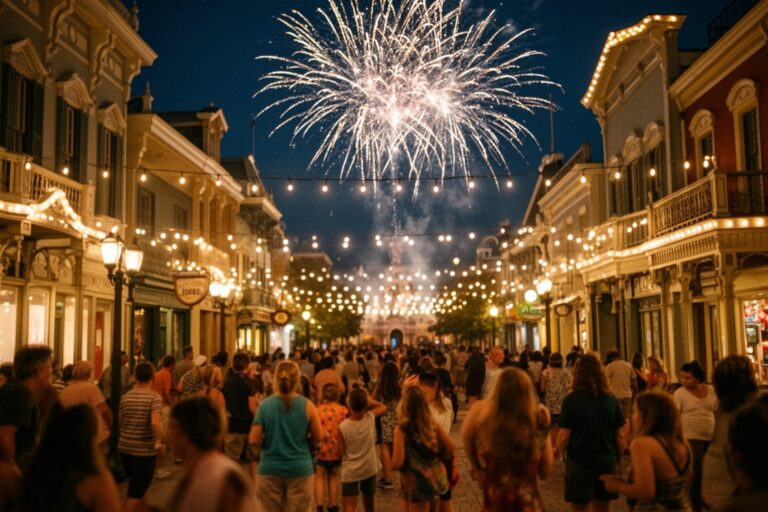 Is the Magic Kingdom Losing Its Sparkle? Crowds on a Victorian-style theme park main street in Orlando as fireworks burst overhead
