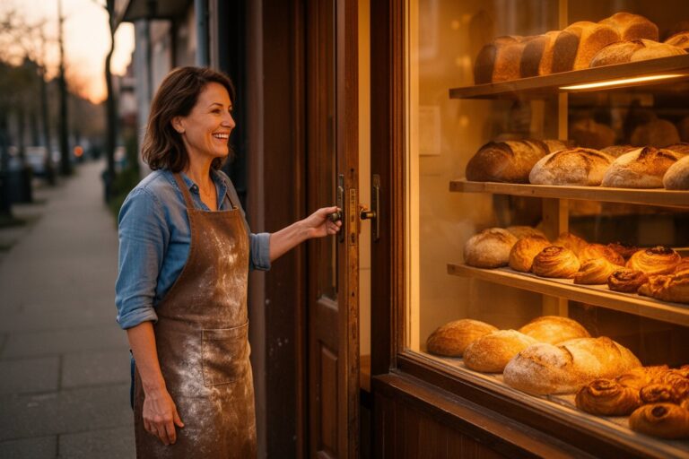 Former office worker opening the door of her own small bakery in the morning