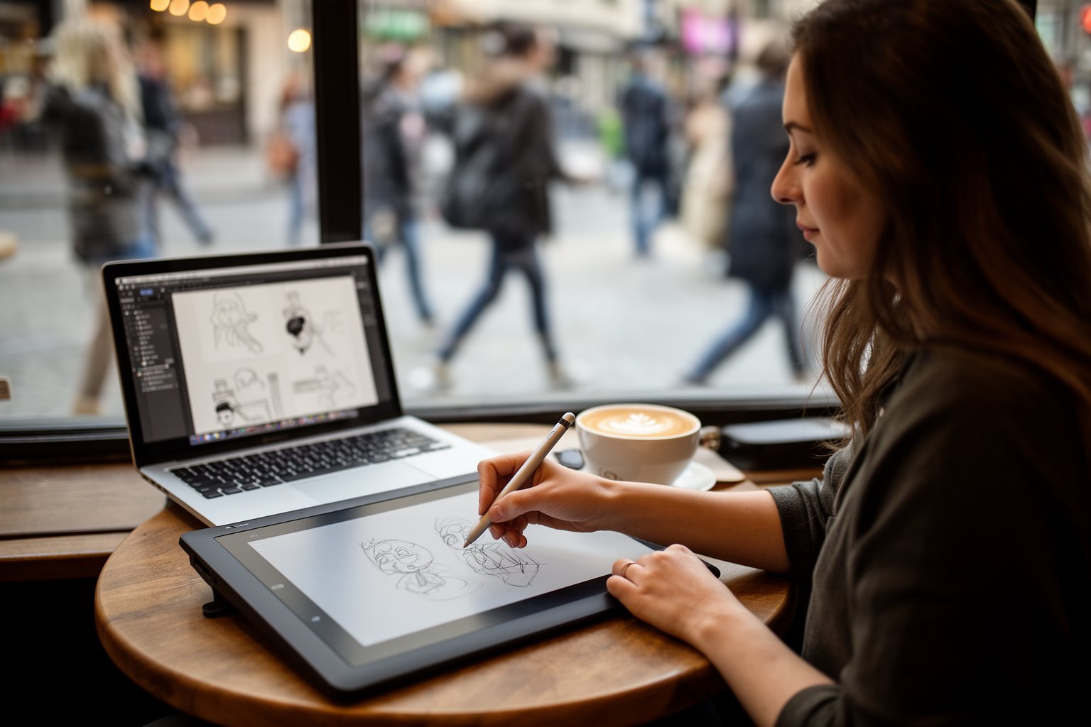 Freelance designer sketching on a tablet with a stylus in a busy cafe
