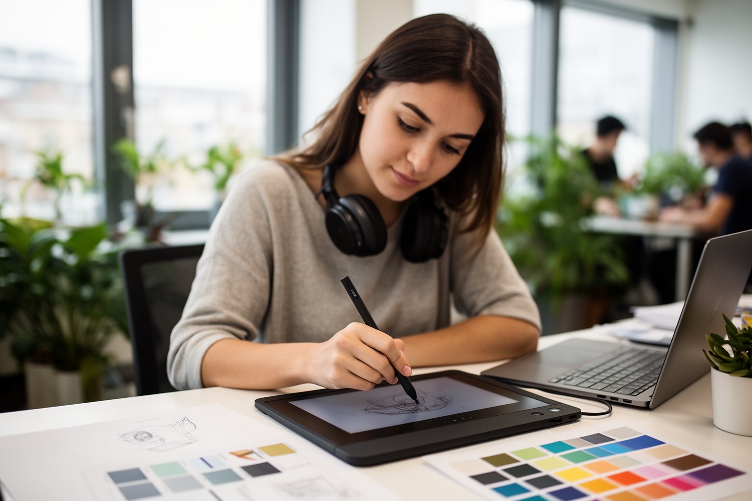 Freelance designer sketching on a tablet with a stylus in a bright coworking space