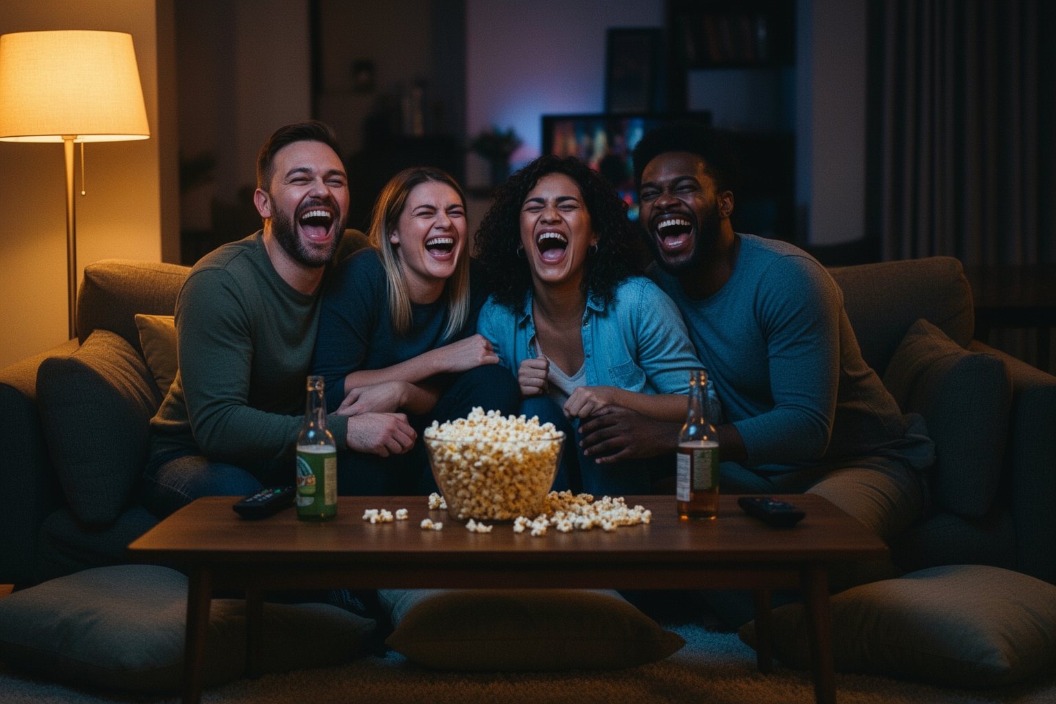 10 Best Movies You've Probably Never Seen Group of friends laughing together at a comedy during a living room movie night