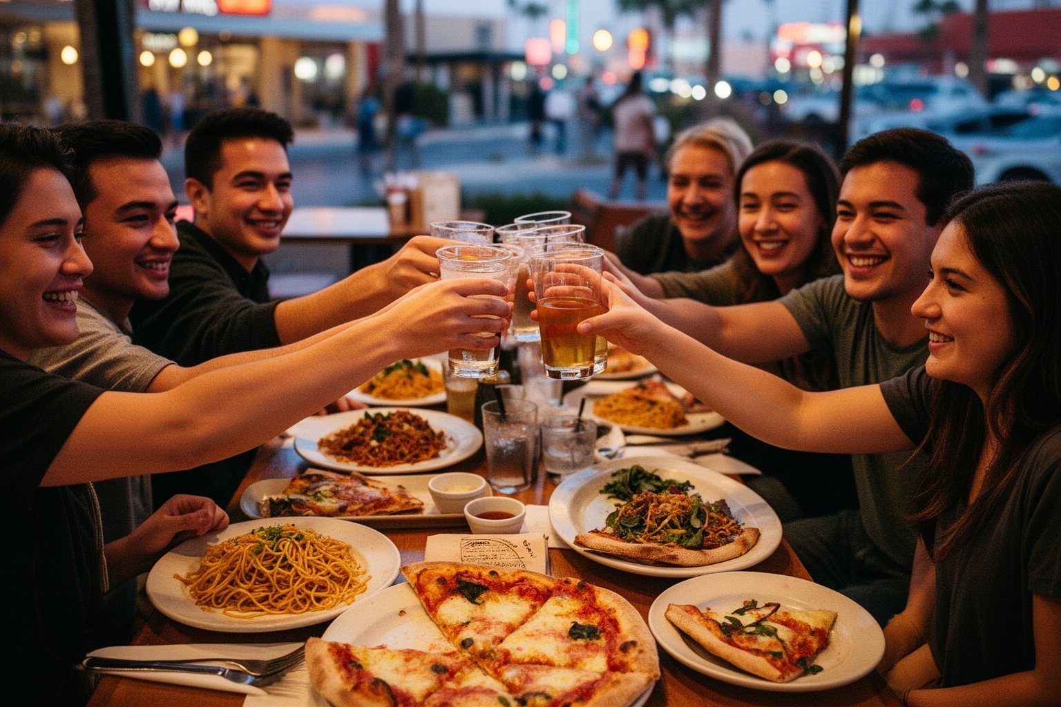 Las Vegas Foodie Spots: 8 Off-Strip Eateries Worth the Trip Friends sharing a table of dishes at a relaxed off-Strip restaurant in Las Vegas