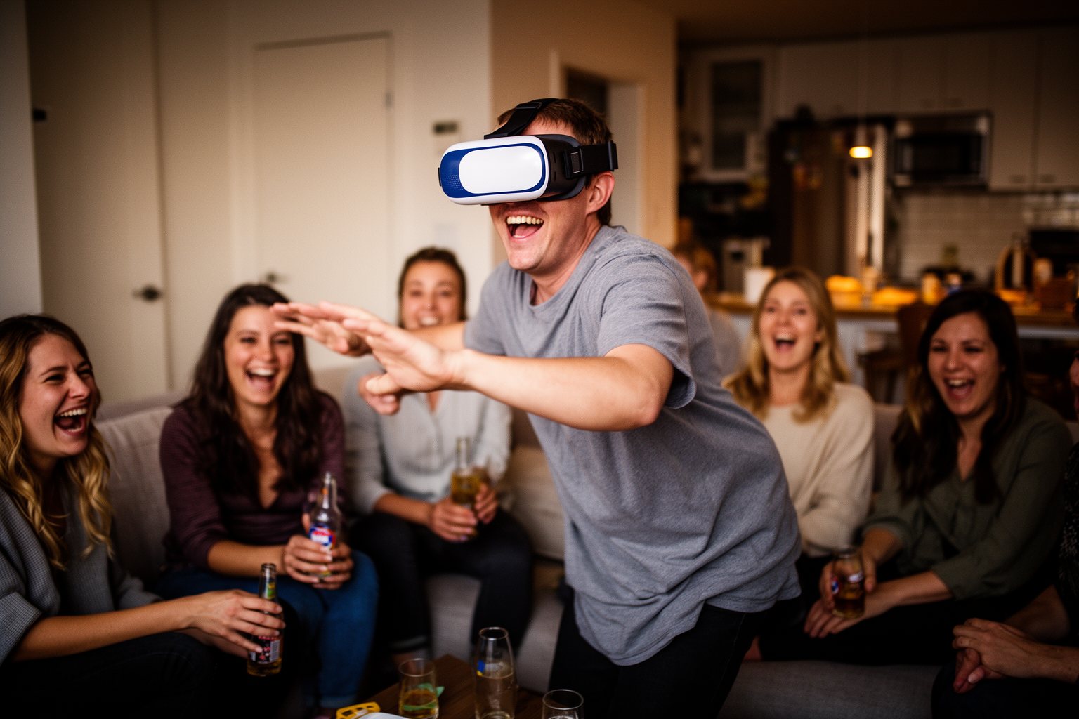 Transforming Realities: The Evolution of VR Gaming Friends laughing as one of them tries a VR headset for the first time