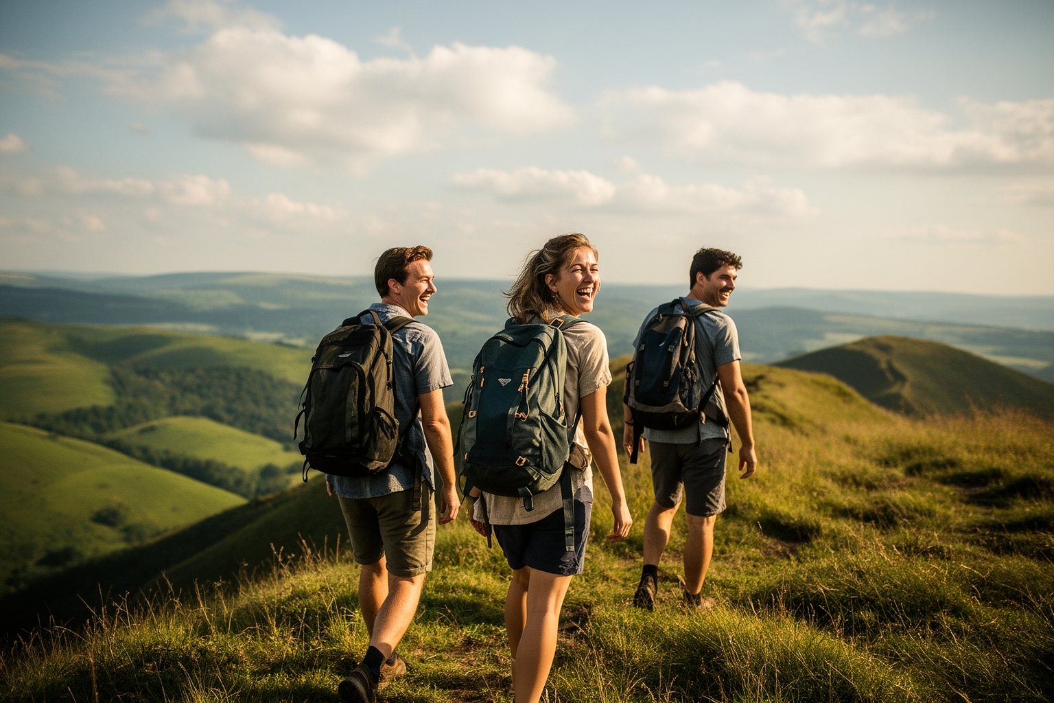 Friends laughing on a sunny weekend hike along a grassy ridge