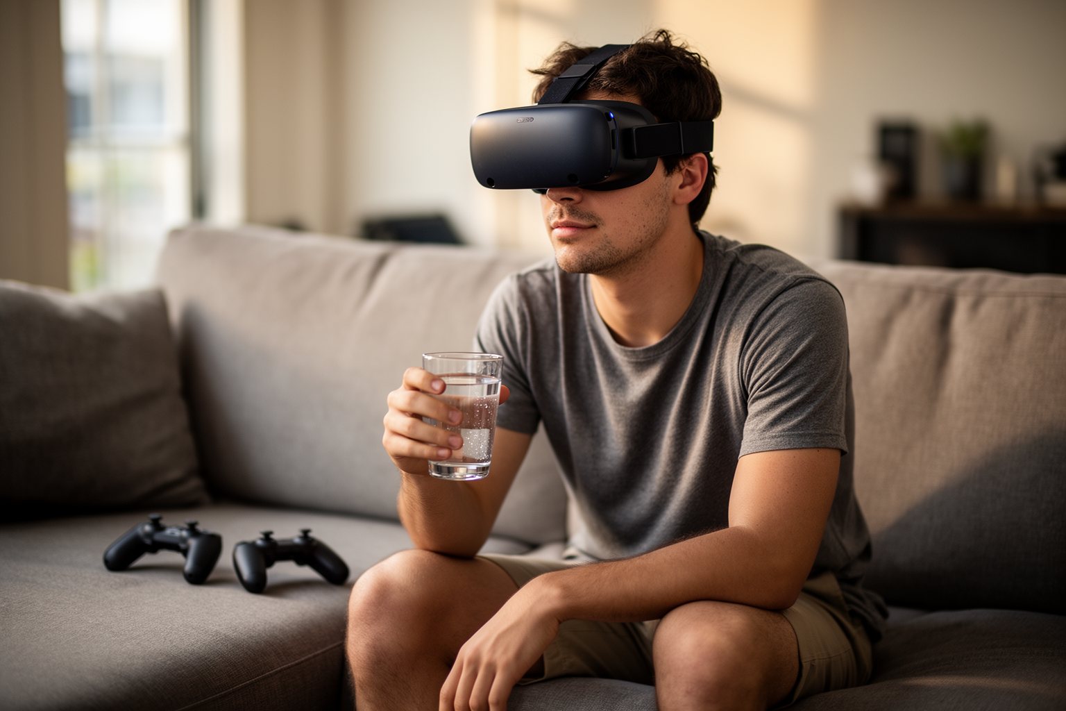 Transforming Realities: The Evolution of VR Gaming Player resting on a sofa with the VR headset pushed up, taking a break