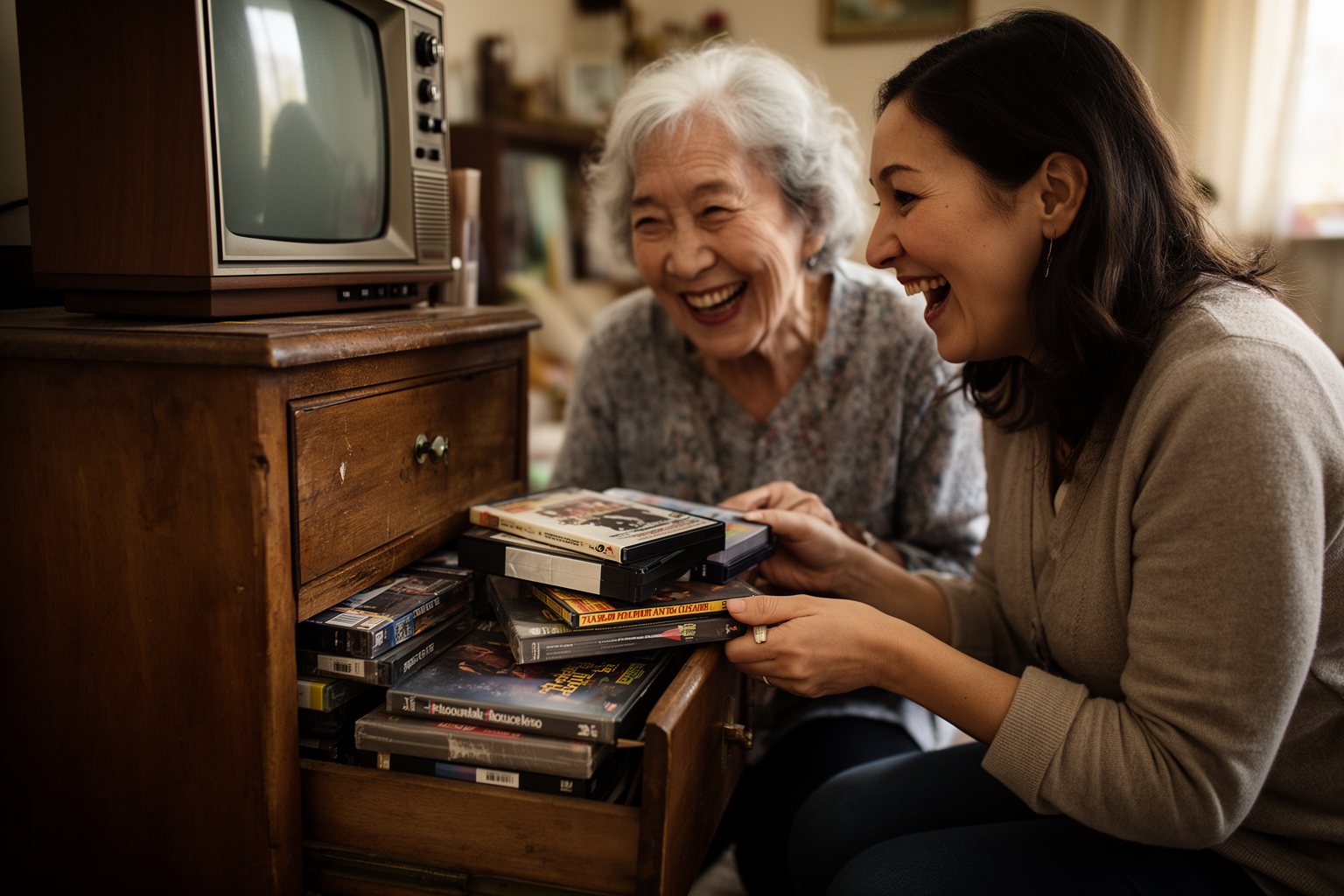 Movies About Family Values: 10 Films to Watch With Kids Grandmother and her adult daughter choosing a classic film from an old collection