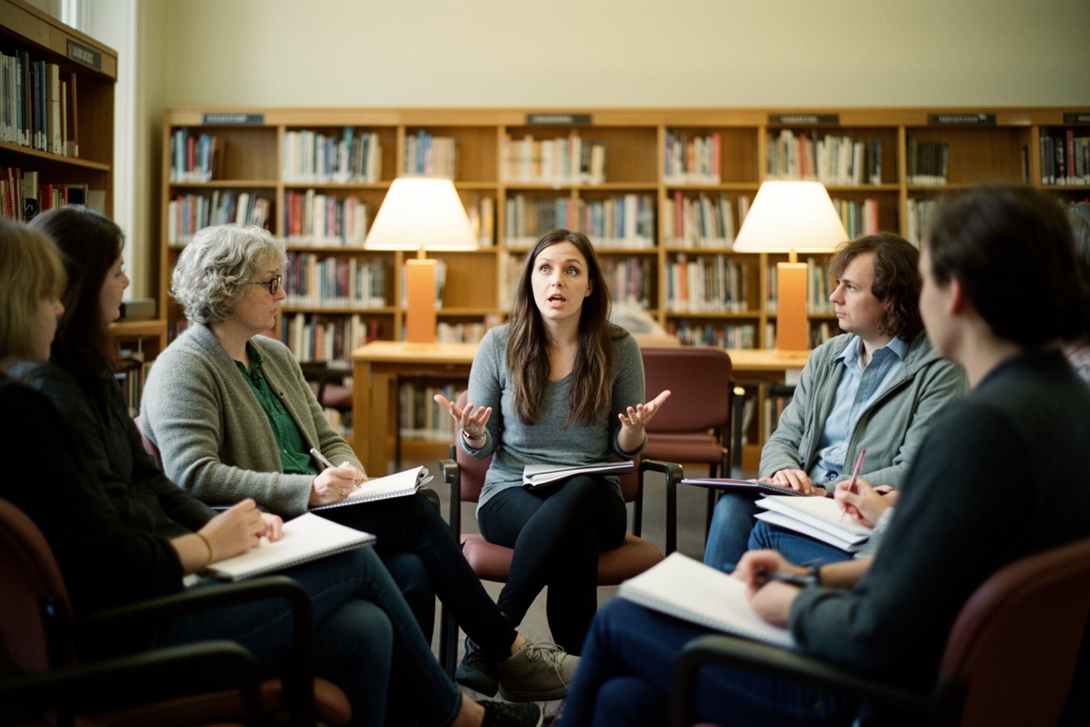Educational Movie Night: The Art of Learning Through Fun Adults sitting in a circle in a library discussing a film they just watched