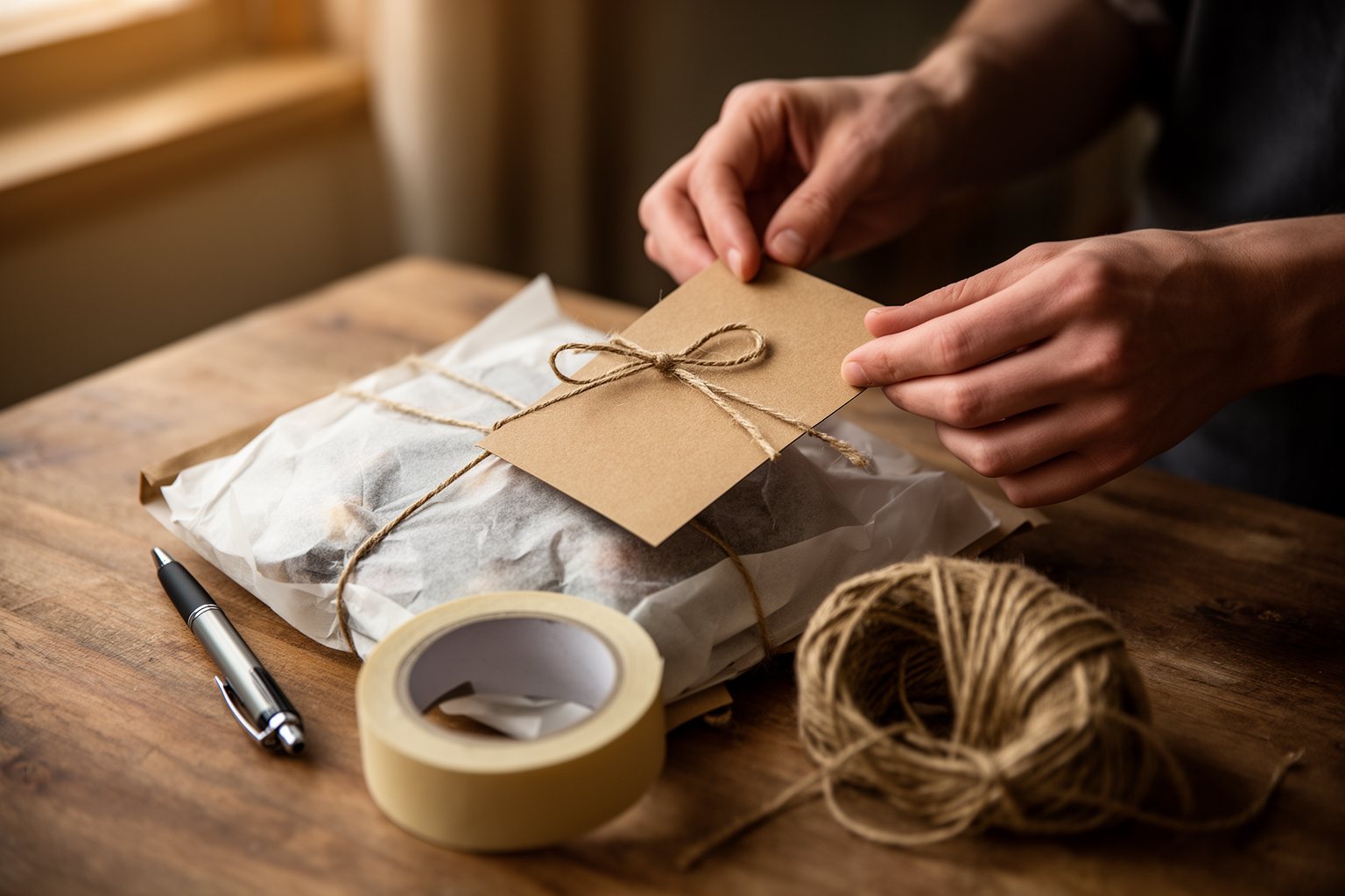 Maximizing Profits: The Art of Selling on Etsy Seller tucking a small thank-you card into a parcel wrapped in tissue paper